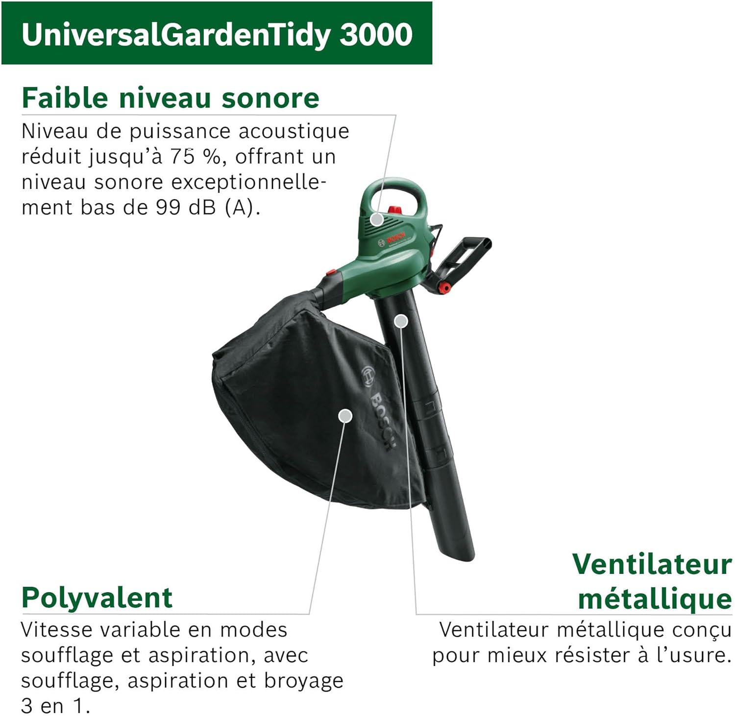 Aspirateur/Souffleur/Broyeur de Feuilles - UniversalGardenTidy 3000 Aspirateur / souffleur 3000 Watts Aspirateur / souffleur 3000 Watts Vert