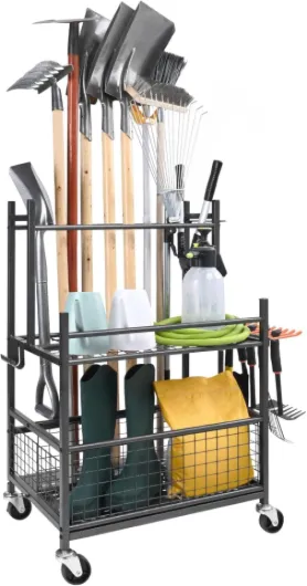 Support Range Outils de Jardin 16 Emplacements avec Crochets Porte-outils de Garage en Métal sur Roulettes pour Organisation et Stockage Abri Extérieur des Outils, Râteaux, Balais à Long Manche Métal 16 Emplacements