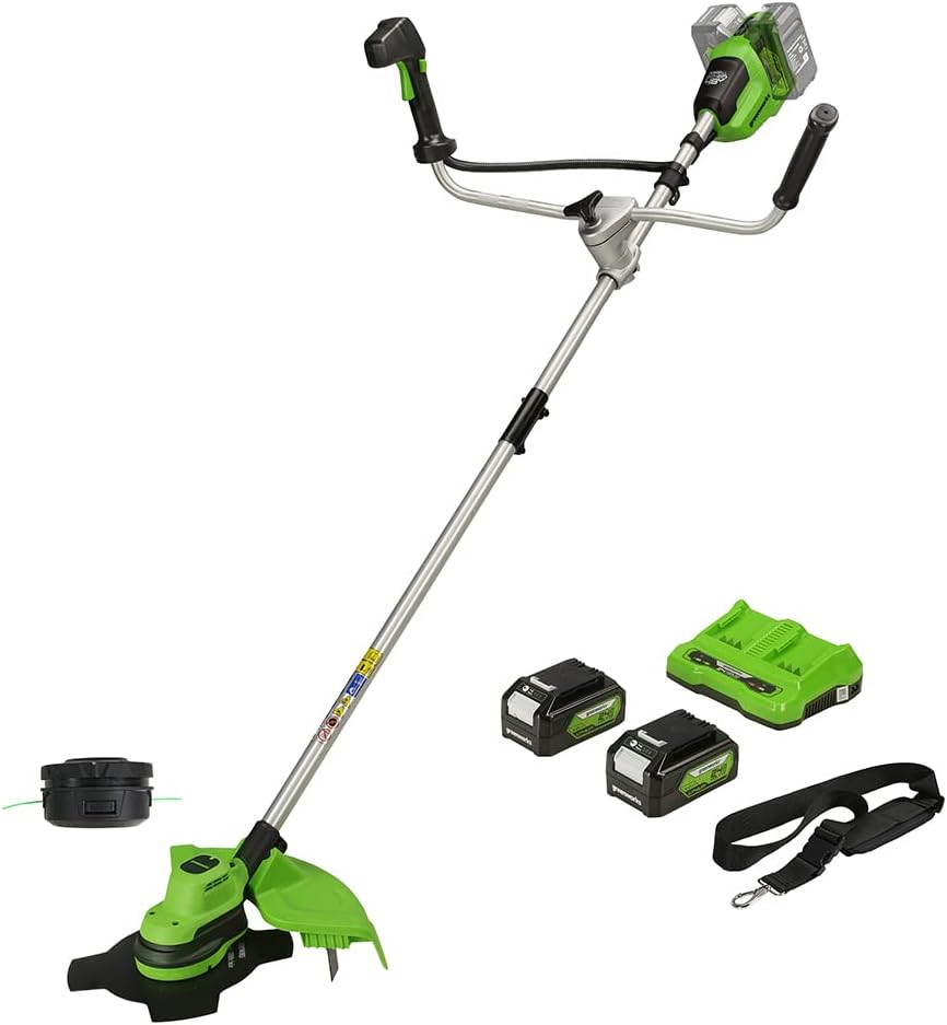 48V (24V x 2) Coupe-bordure & Débroussailleuse avec 2 Batteries 4Ah et Chargeur, 38cm Fil 25cm Lame, Poignée de vélo Réglable Mode Hi/Low GD24X2BCBK4x Poignée de Vélo Avec Batterie 2x4Ah