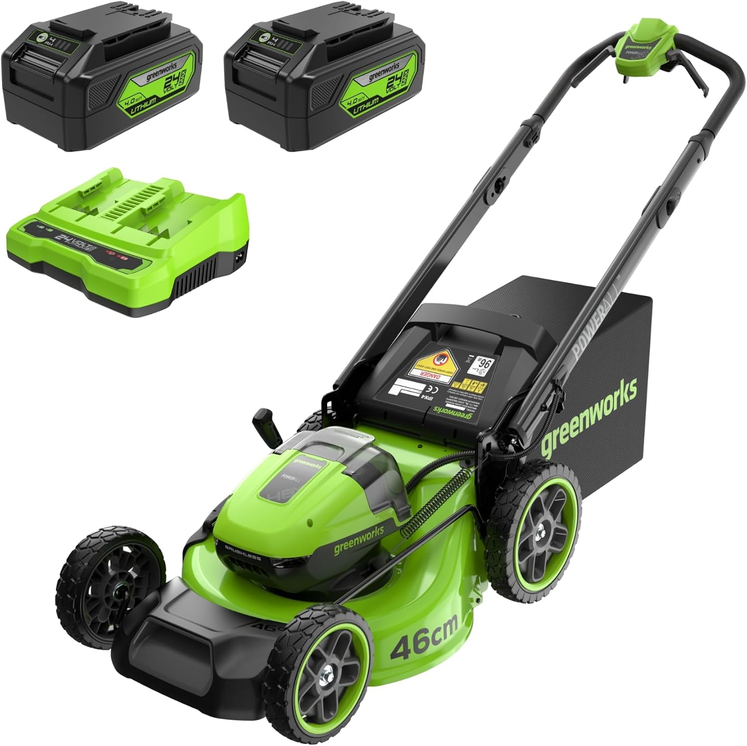 48V (24V x 2) Tondeuse Gazon Batterie sans Fil Autopropulsée, Largeur de Coupe 46cm, Sac 55L, Tondeuse Electrique Gazon Inclus 2 X 24V 4Ah et Chargeur Double, Garantie 3 Ans, MO48L424-01 New 46cm SP Inc - (2) Batterie 4Ah