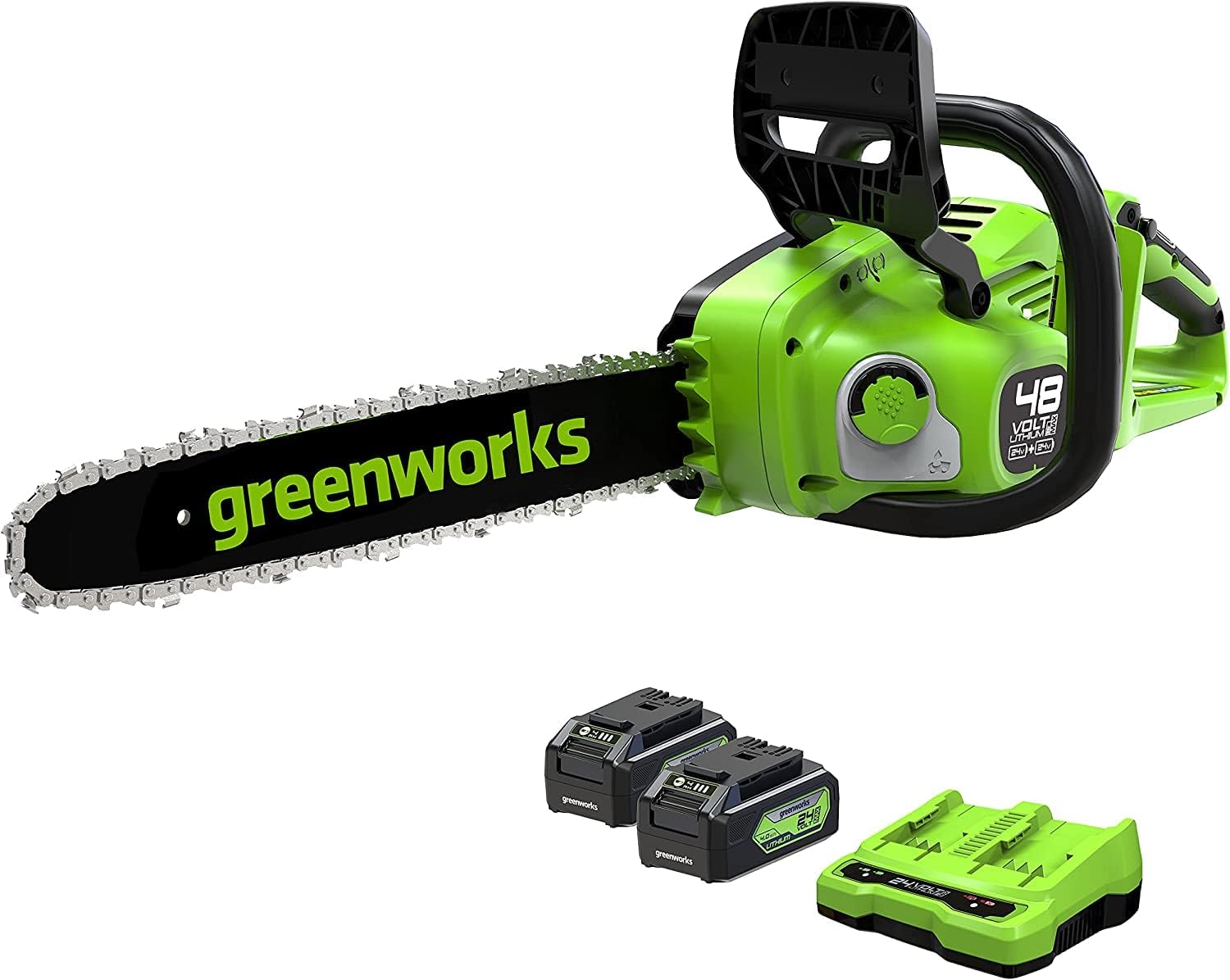 48V (24V x 2) Tronçonneuse à Batterie Moteur Sans Balais, Longueur des barres 35cm, Vitesse 20 m/s, Graisseur Automatique, 2 Batteries 24V 4Ah et Chargeur Double, Garantie 3 An 35cm avec batterie