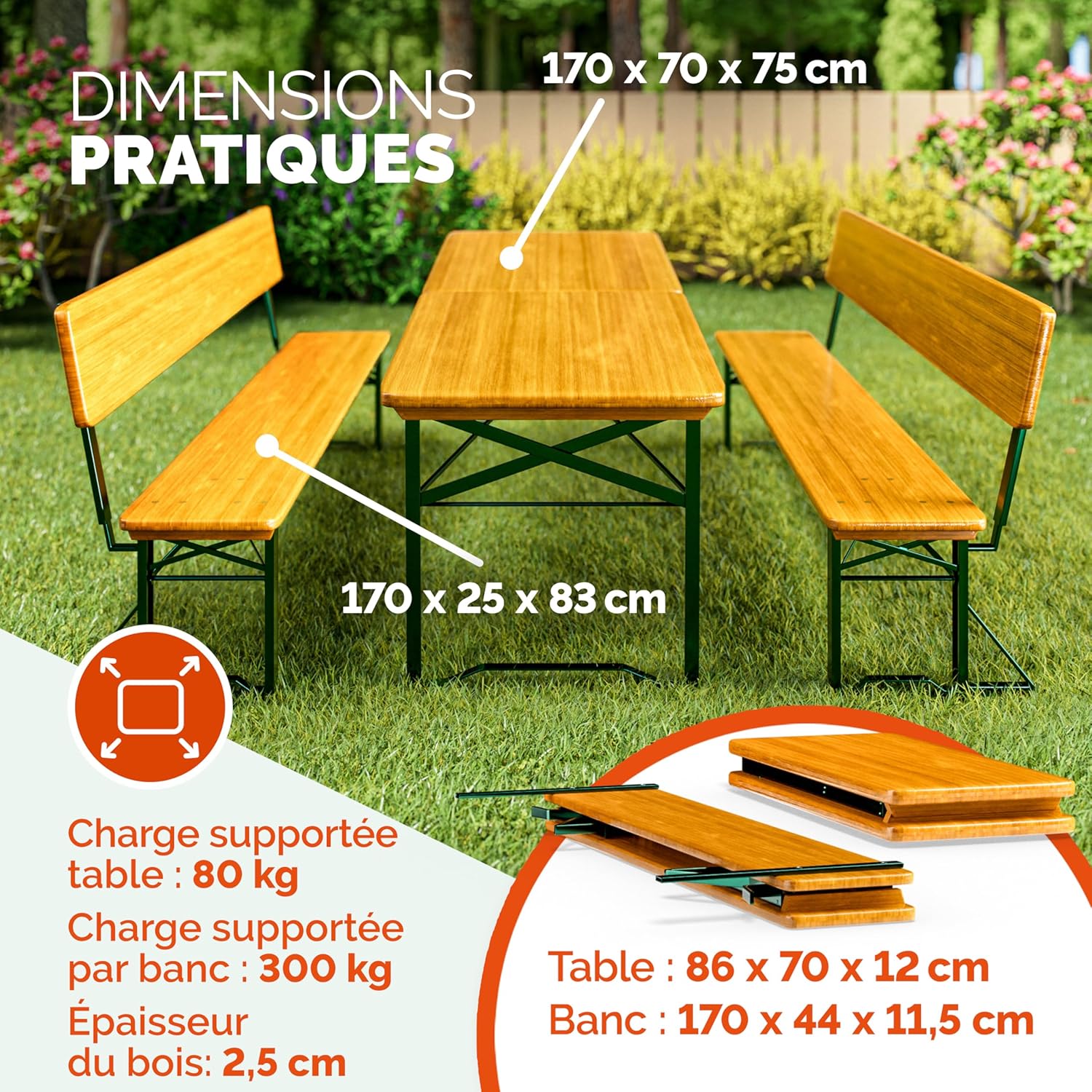 Deuba Table Pliable et 2X bancs avec Dossier - Salon de Jardin Meuble terrasse