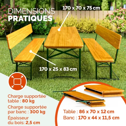 Deuba Table Pliable et 2X bancs avec Dossier - Salon de Jardin Meuble terrasse