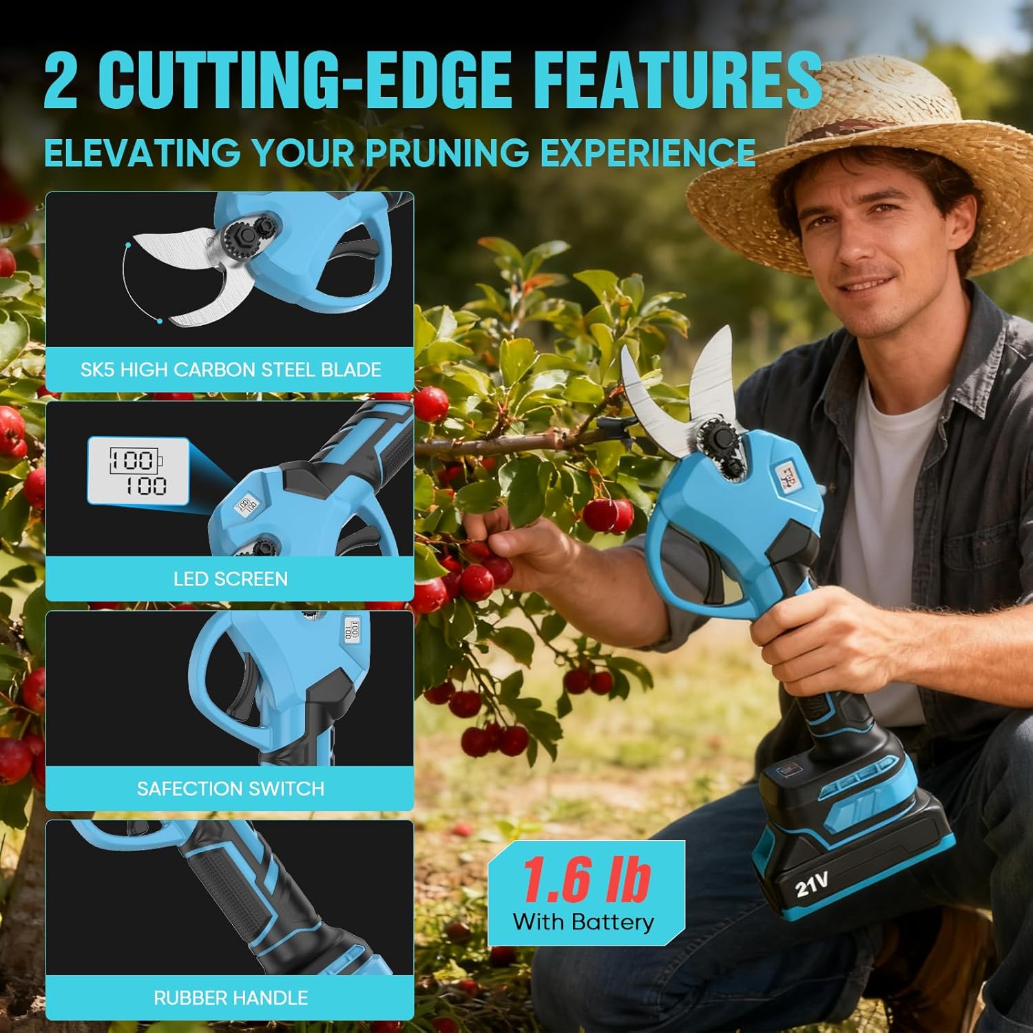 Sécateur Électrique Sans Fil 40 mm, Secateur Electrique avec Batterie 3000mAh, Lames Sharp SK5, Moteur Sans Balais, Écran LED, Sécateur sur Batterie pour Vigne, Olivier, Arbre Fruitier, Jardinage