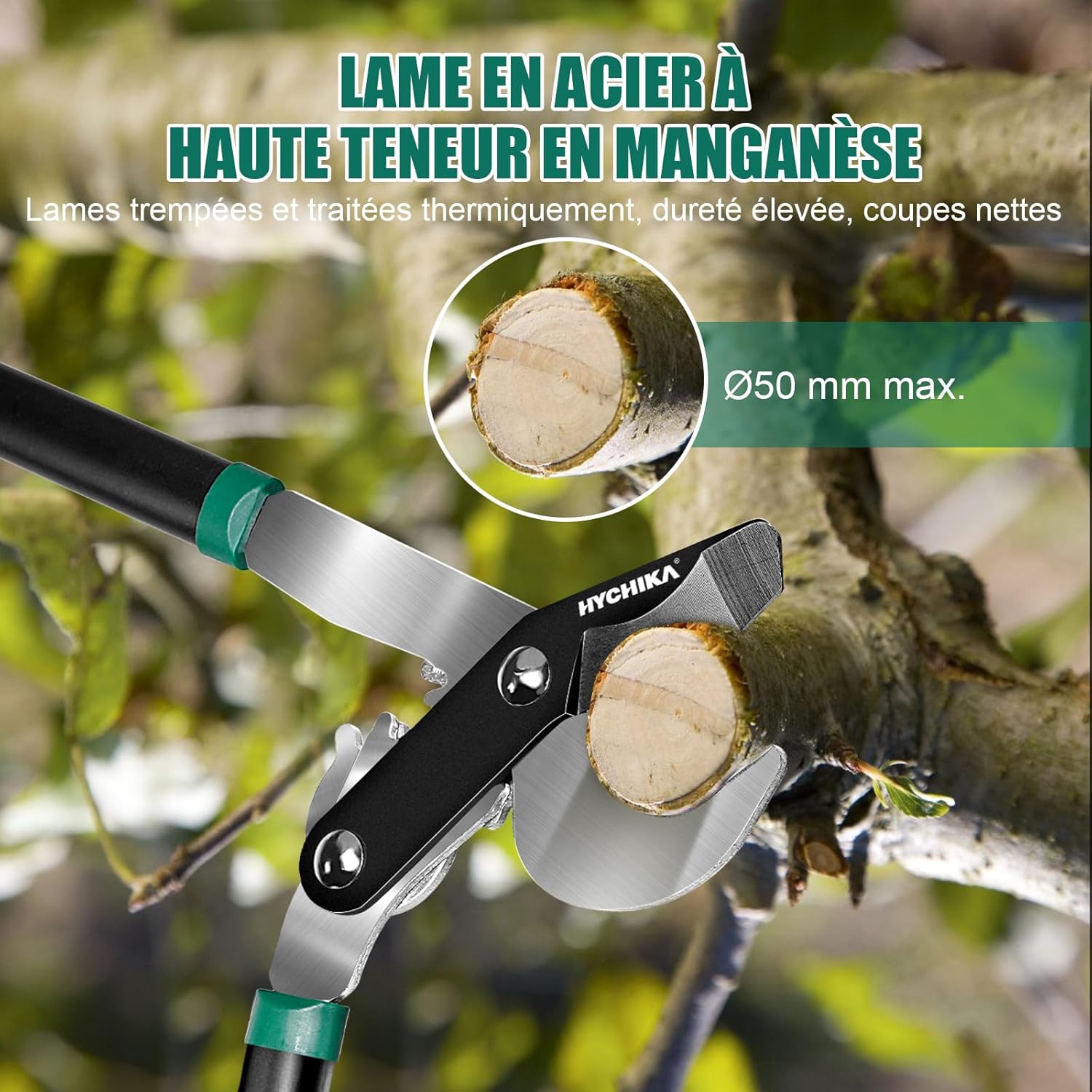 HYCHIKA Ébrancheur télescopique pour bois frais Coupe Branche 74CM, Sécateur Long Manche, Taille Branche, Cisaille de Jardin, Diamètre Cuts Ø50 mm max., Lames en Acier Trempé