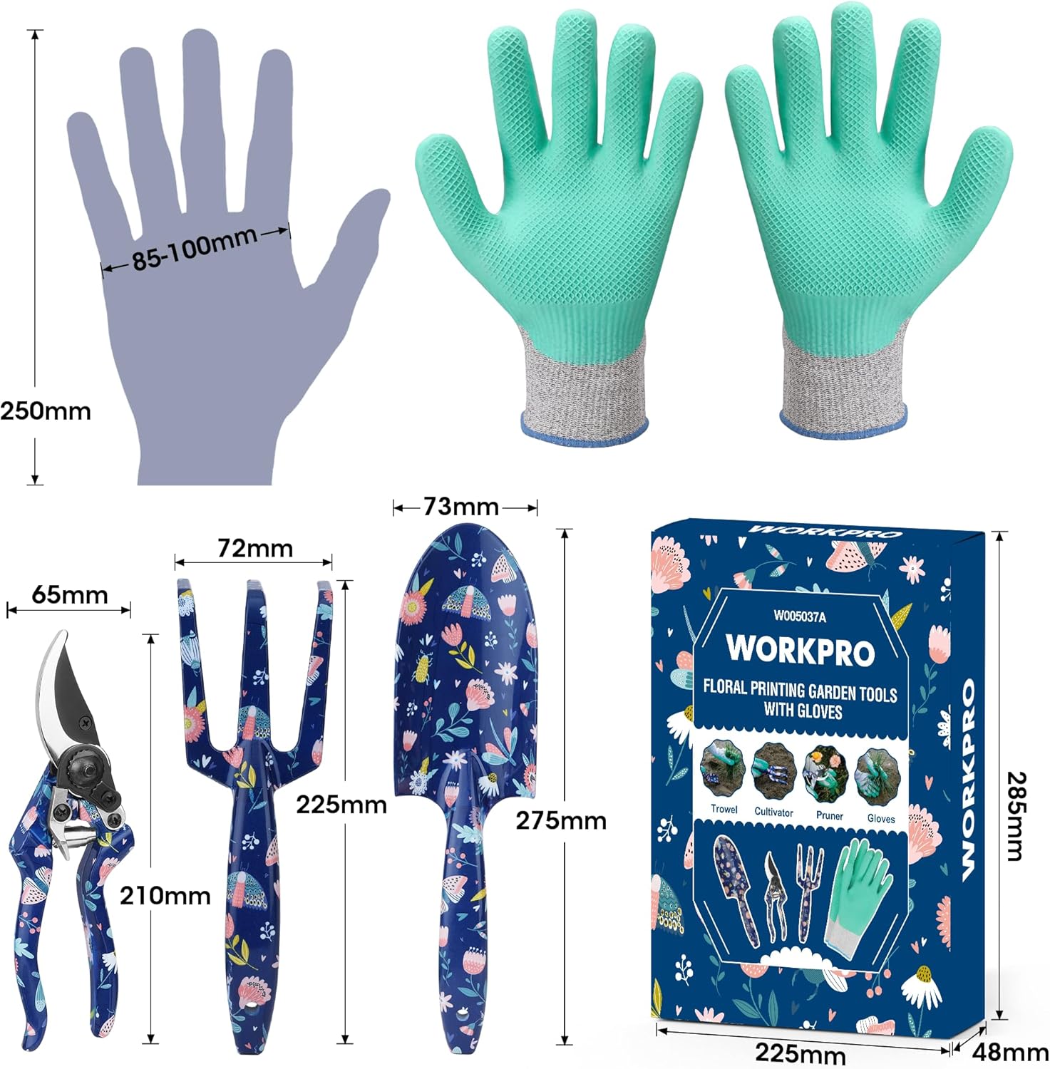 Ensemble d'Outils de Jardinage 4 Pièces, Outils en Acier Inoxydable avec Gants, Sécateur, Truelle de Jardin, Râteau à Main, Idéal pour Taille et Entretien, Cadeaux de Jardinage, Bleu Imprimé
