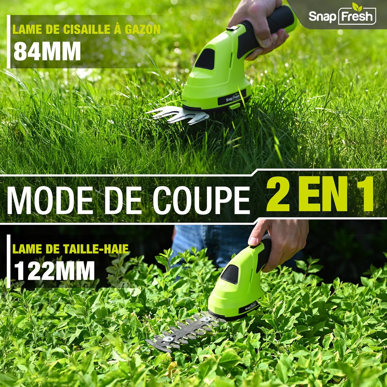 Cisaille à Gazon Mini Taille Haie sans Fil avec Batterie 2 Lames CÂBLE USB-C Sculpte-Haies et Taille-Herbes de Jardin/Cour/Pelouse - Longueur de Lame: 122mm(Arbustes) / 84mm(Herbe) 4V-Standard