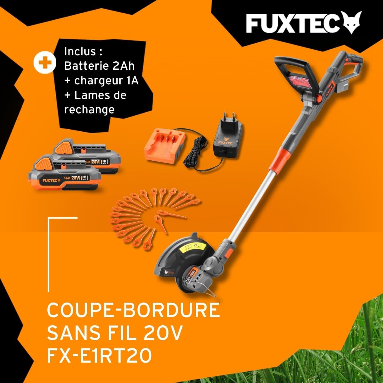 Coupe Gazon - Coupe Bordure à Batterie 20V FUXTEC FX-E1RT20 - Set avec Batterie Li-ION 2Ah et Chargeur 1A - Largeur de Coupe 25 cm Batterie 2Ah + chargeur 1A