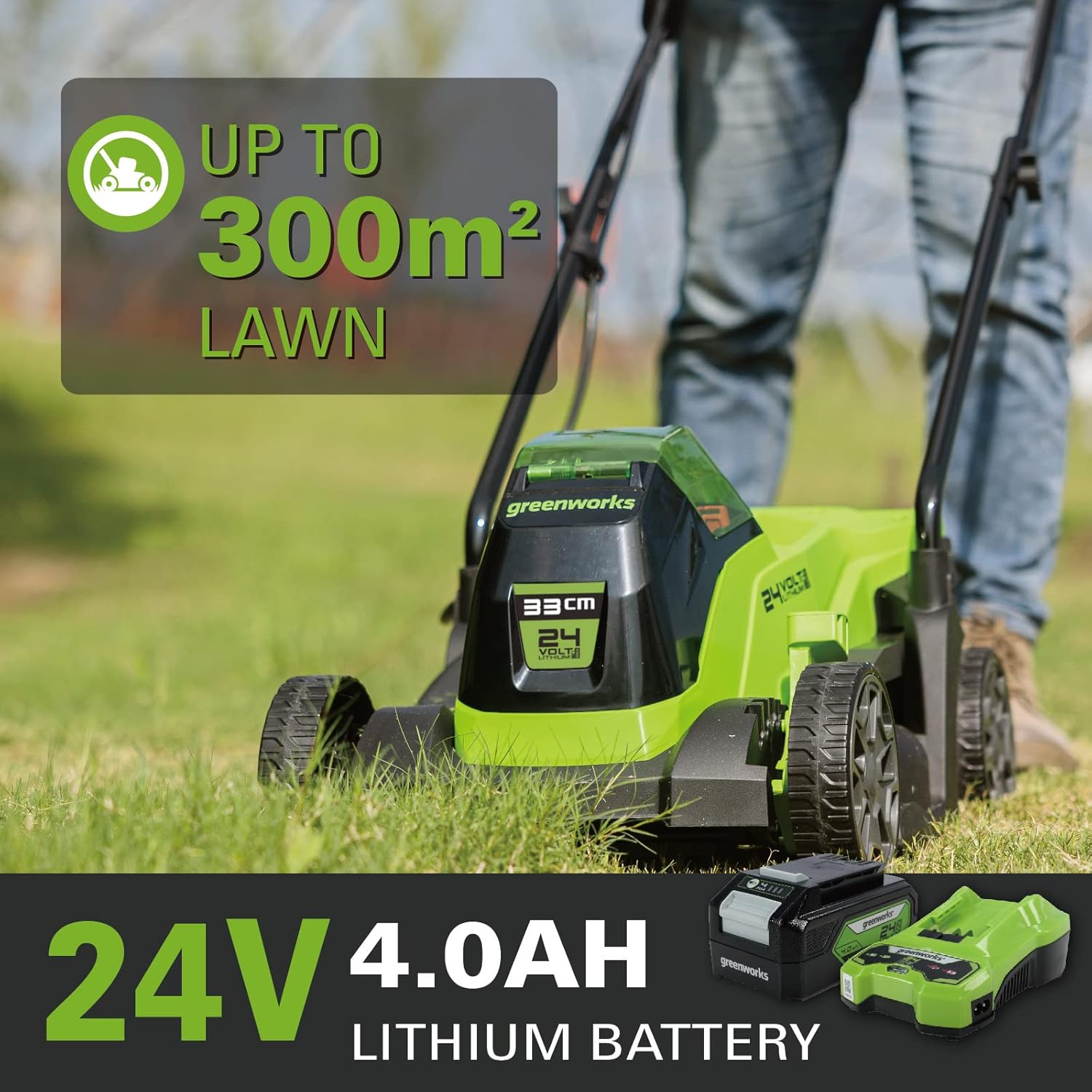 24V 33cm Brushless Tondeuse à Gazon sans Fil, Hauteur de Coupe 25-70mm, 2 Fonctions, avec Sac 30L (avec 4Ah Batterie et Chargeur) 24V 33cm Vert
