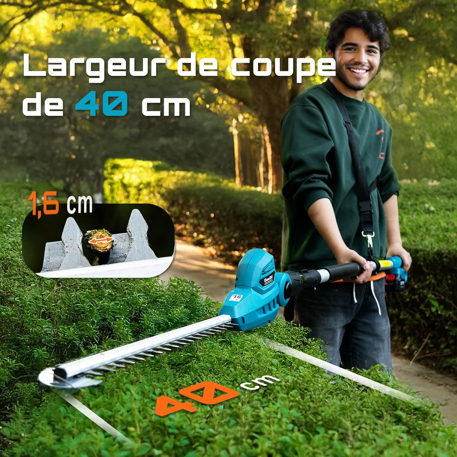 Taille Haie Electrique Telescopique 2,6 m, Taille-Haies Électriques avec Lame Double Action 40 cm, 2 * Batteries 4,0Ah, Tête Pivotante 135° Réglable, pour Haies Hautes et Arbustes Denses