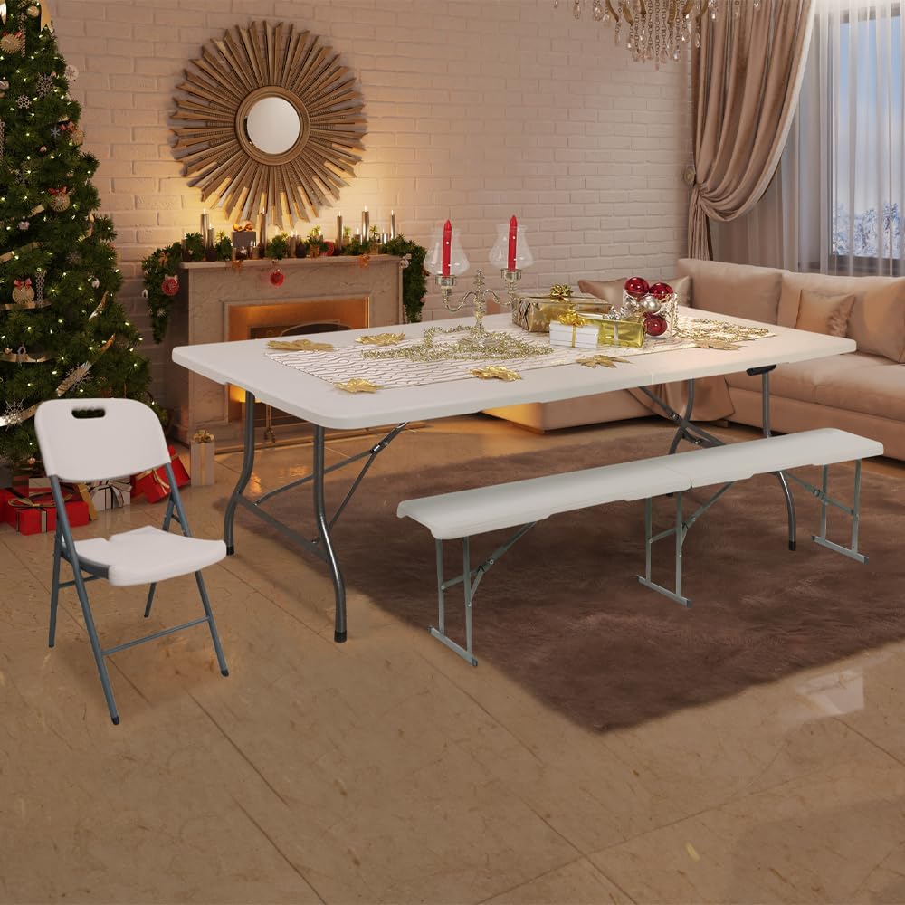 Table Pliante, 8 Places 180 x 74 x 74 cm,175 kg Max - Table Pliante Exterieur, Interieur Rectangulaire - Table de Jardin Pliante Blanche, Buffet, Fêtes, Camping - Stable et Robuste Gris