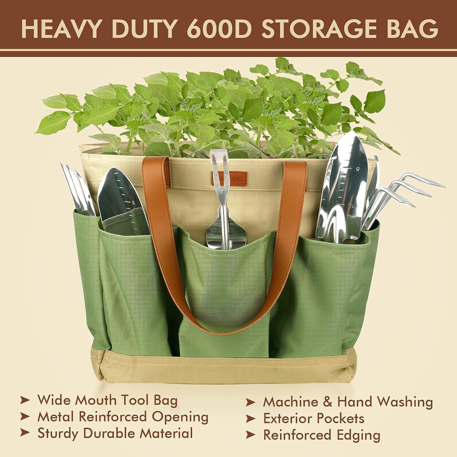 YAUNGEL Ensemble d'Outils de Jardinage, 10 Pièces en Acier Inoxydable à Usage intensif avec poignée en Bois antidérapante - Cadeaux pour Les Femmes et Les Hommes, Vert 10 pièces avec sac