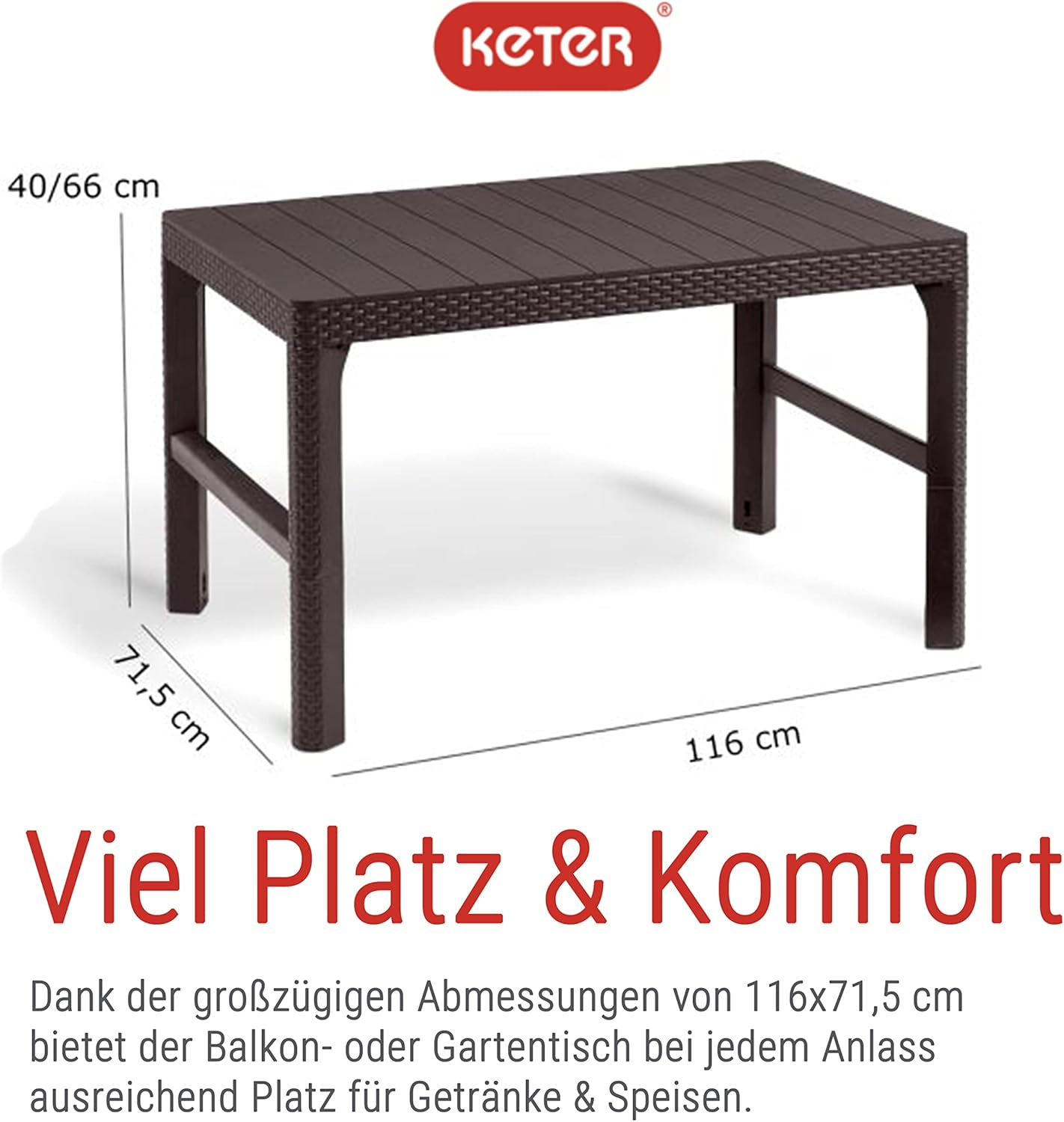 Keter Lyon table de jardin élégante, 2 en 1, résistante aux intempéries, marron, 116 x 71 cm, réglable en hauteur, balcon et terrasse, robuste et durable