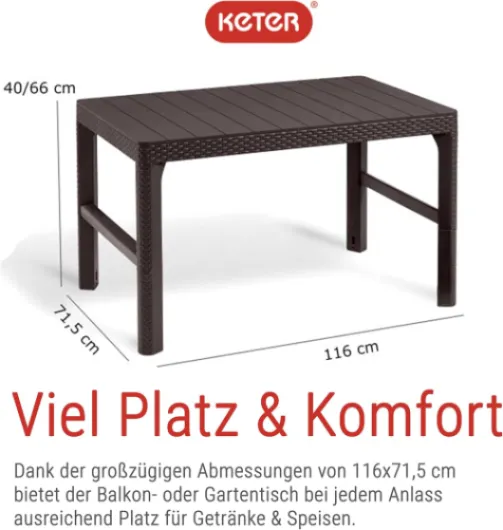 Keter Lyon table de jardin élégante, 2 en 1, résistante aux intempéries, marron, 116 x 71 cm, réglable en hauteur, balcon et terrasse, robuste et durable