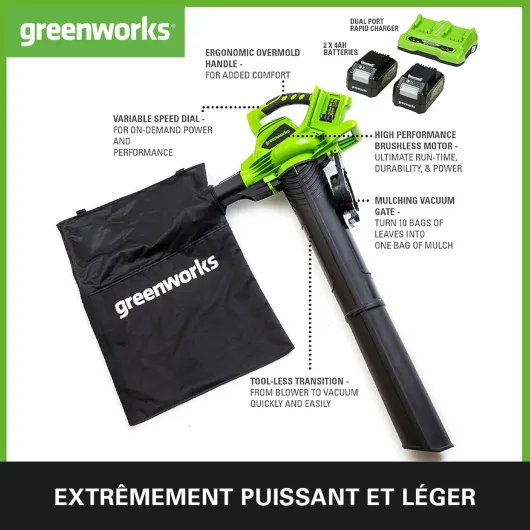 48(24V x 2) Aspirateur Souffleur Sans fil de Feuilles à Batterie Bandoulière, Moteur Sans Balais, 322km/h, 9m³/min,Sac Mulching 45L, 2 Batteries 24V 4Ah, Chargeur,Garantie 3 Ans GD24X2BVK4X 24Vx2 Avec batterie 2x4Ah+chargeur