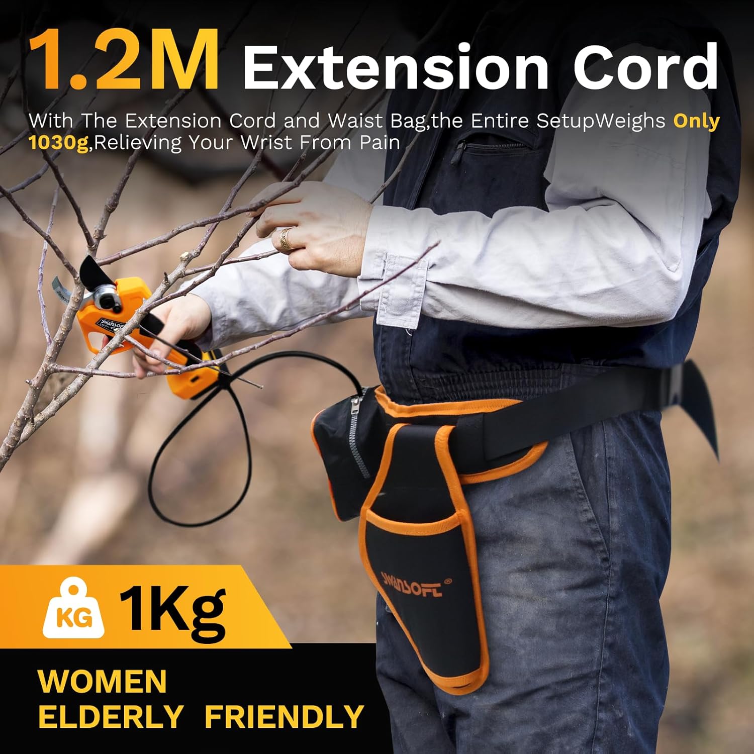 SWANSOFT [Meilleur Rapport Qualité-Prix] PRU45 Secateur Electrique Professionnel, 45mm 25V 1150W 4Ahx2 Sécateur Électrique sans Fil avec Batterie Secateur Electrique sans Fil pour Jardinage PRU45 YELLOW