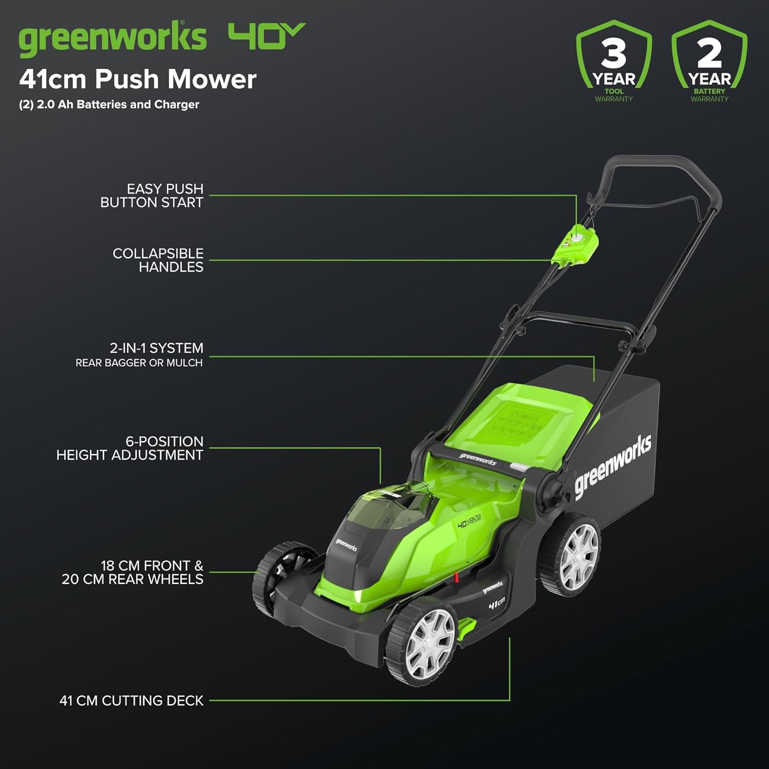 G40LM41K2X Tondeuse à Gazon sans Fil pour Pelouses Jusqu'à 500m², Largeur de Coupe 41 cm, Sac de 50L, INCLUS Deux Batteries 40V 2Ah et Un Chargeur, Garantie 3 Ans Avec 2 Batterie 2Ah