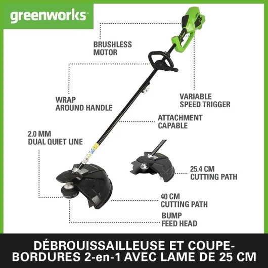 Débroussailleuse à Batterie avec Moteur Sans Balai, Harnais, Hauteur Réglable, Largeur de Coupe 40 cm, Fil en Nylon 2 mm ou Lame 25 cm, 2 Batteries 40V et Chargeur,GD40BCK2X, Garantie 3 Ans Débroussailleuse Avec Batterie 2x2Ah+Chargeur