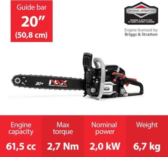 NAX POWER PRODUCTS 500C moteur 61,5 cm3 2 kW Briggs & Stratton produit sous licence guide 20" 50,8 cm système anti-rebond Low Kickback tronçonneuse thermique scie à chaîne NAX500C