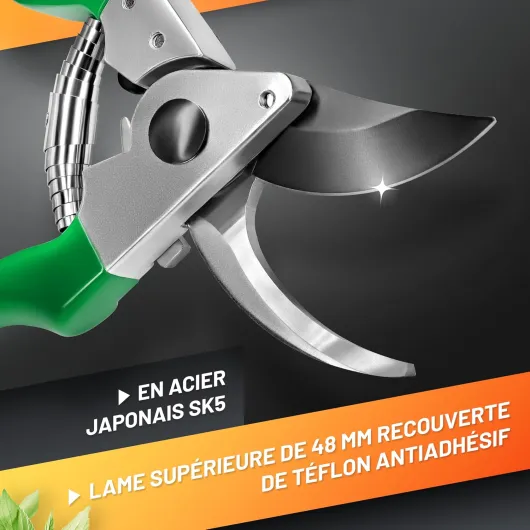 GRÜNTEK Sécateur de Jardin Professionnel Ciseaux à Fleurs Cisaille à Lame Franche Acier Japonais et Teflon - Manuel - Lame Franche 48mm