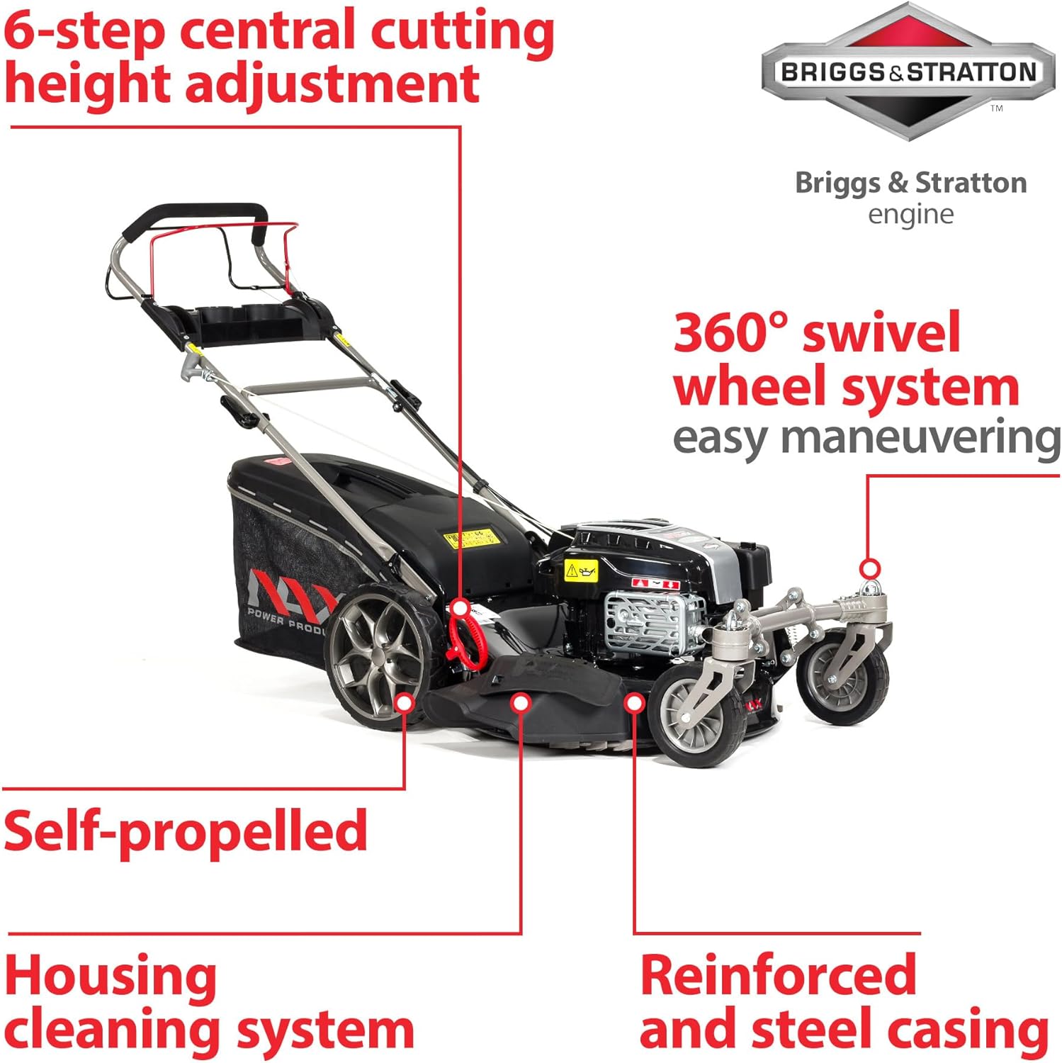 NAX POWER PRODUCTS Briggs & Stratton 5000S Moteur 875Exi Série 190 cm3 ReadyStart Largeur de coupe 56 cm Panier 75L Roues pivotantes avant Tondeuse à gazon à traction à essence