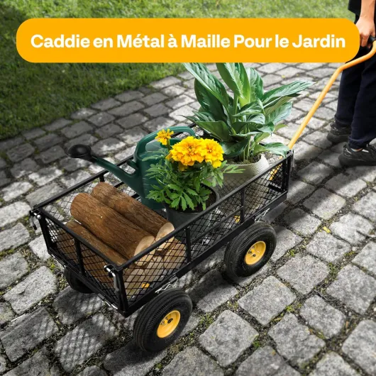 VIVOHOME Chariot de Jardin Transport Camping, Capacité de Charge 400kg, Chariot Utilitaire Robuste Extérieur avec Pneus Côtés Amovibles en Maille Réglables Poignée Rotative Noir Noir 400kg