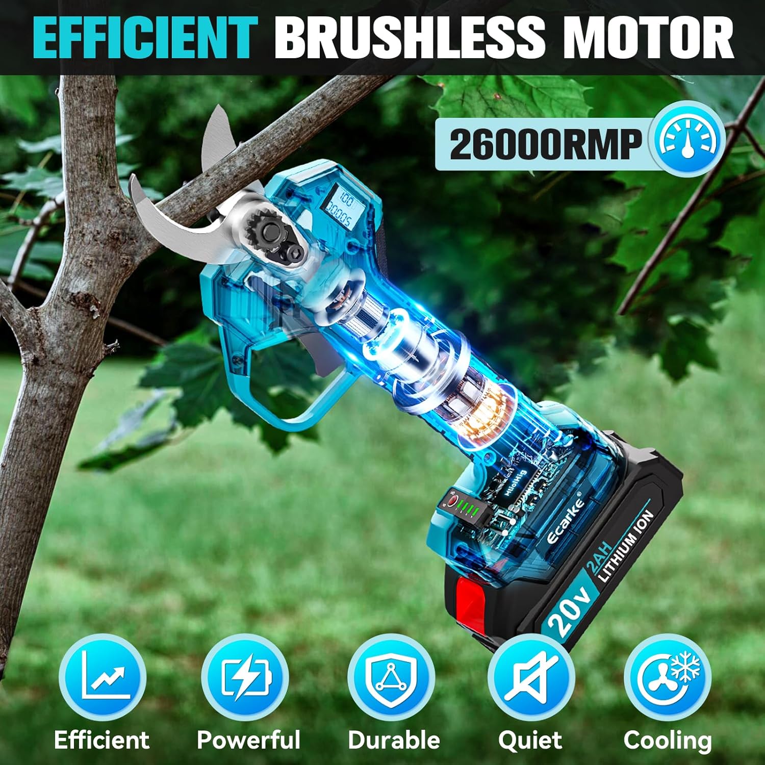 Ecarke Sécateur électrique télescopique sans fil – Compatible Makita 18V, perche 2 m, 2 batteries 2,0Ah incluses, coupe 38-50 mm – outil de jardinage précis et efficace Avec Batterie et Perche Télescopique