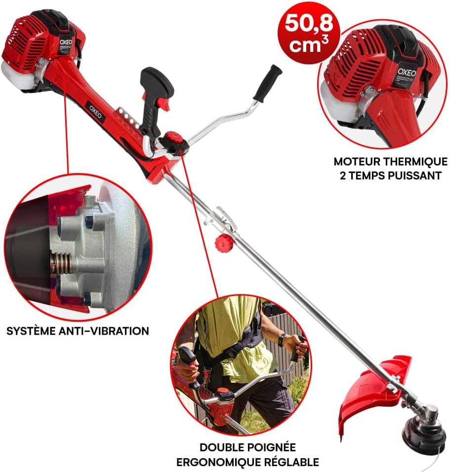 Débroussailleuse thermique professionnelle 50.8 cm³ - Moteur pro 2 temps - Coupe-bordure - 2 lames - Anti-vibration