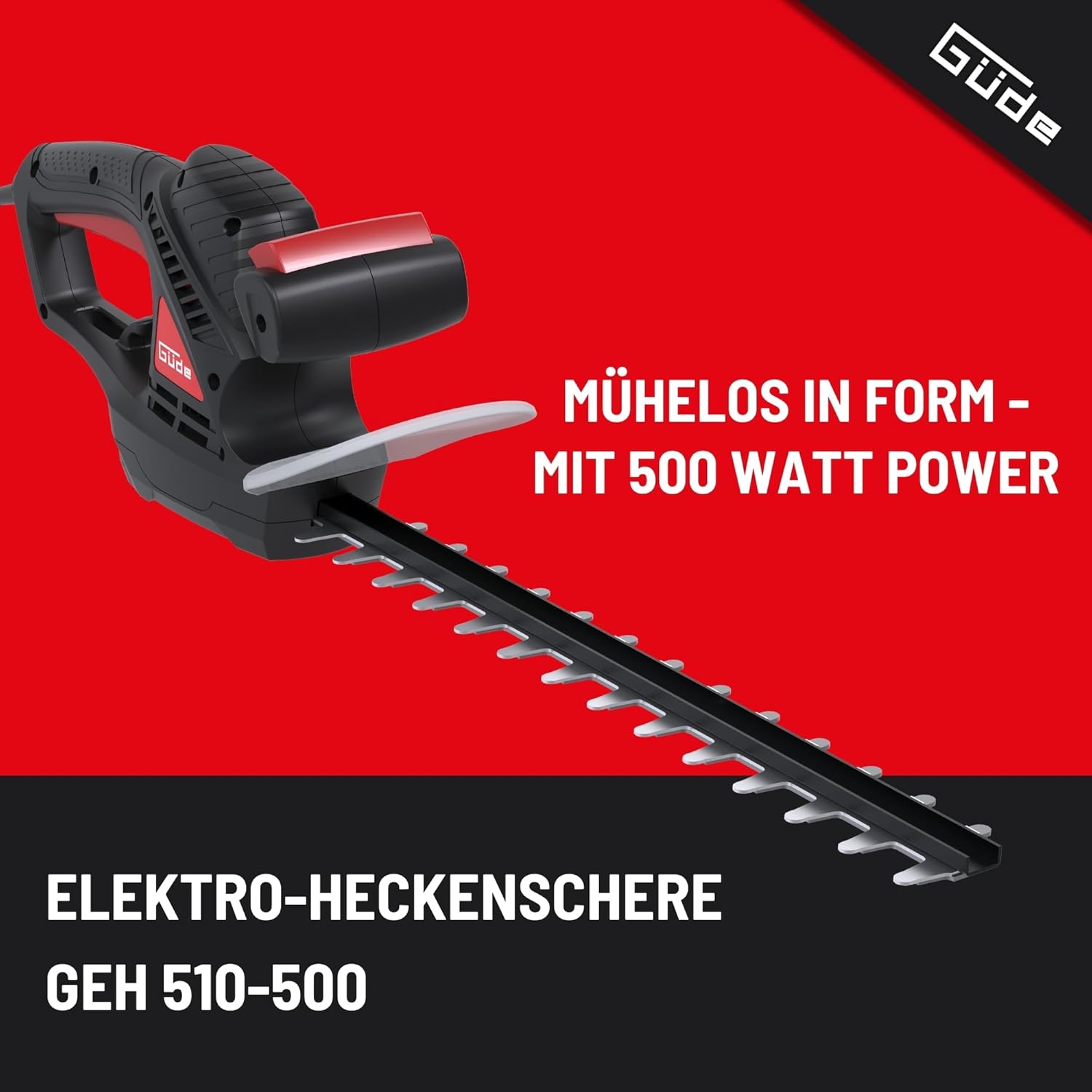Güde Taille-haie électrique GEH 510-500, 230 V, Puissance Moteur 500 W, Longueur de Coupe de 45,7 cm, épaisseur de Coupe de 1,6 cm, Frein électrique à arrêt Rapide, Design Ergonomique Noir