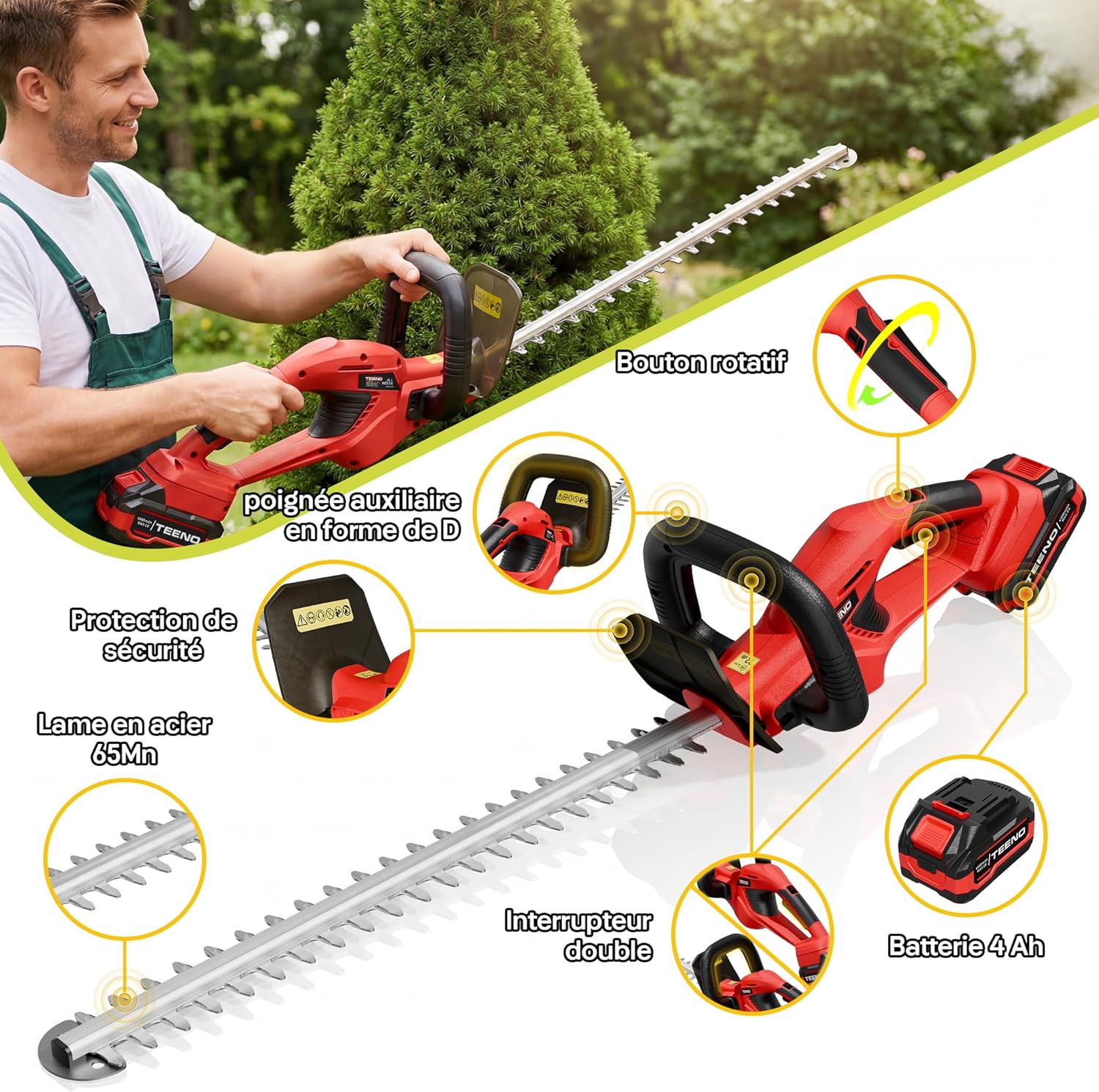 Taille Haie Batterie 20V,Taille Haie Electrique sans Fil avec 1 Batterie 4000mAh, Lame 52cm Coupe 16mm,Poignée Pivotante 180°,pour Jardin Haies Arbustes Buissons