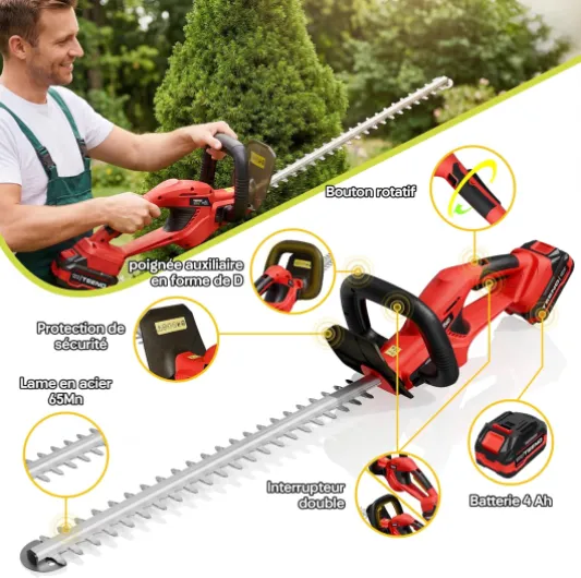 Taille Haie Batterie 20V,Taille Haie Electrique sans Fil avec 1 Batterie 4000mAh, Lame 52cm Coupe 16mm,Poignée Pivotante 180°,pour Jardin Haies Arbustes Buissons