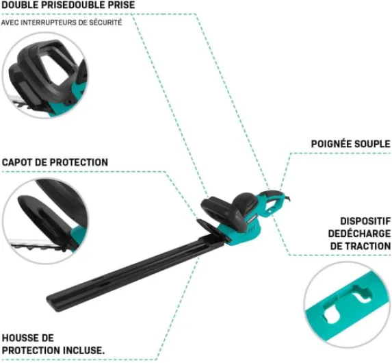 Taille-haie électrique 600W - Lame 660mm - Poignée pivotante 180° - Distance Lames 16mm - Softgrip - Frein électrique - Boîtier Inclus - Modèle HT505AC