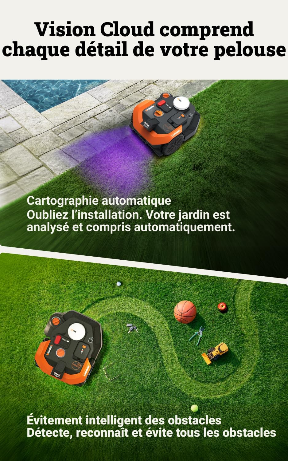 Vision Cloud 2WD WR308E Robot Tondeuse 800 m² sans Fil périphérique + Phares LED (évitement d'obstacles par IA, Navigation VSLAM + RTK Cloud, cartographie Auto, contrôle Via app, Cut-to-Zero)