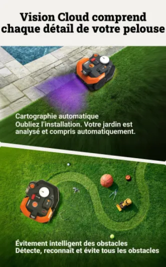 Vision Cloud 2WD WR308E Robot Tondeuse 800 m² sans Fil périphérique + Phares LED (évitement d'obstacles par IA, Navigation VSLAM + RTK Cloud, cartographie Auto, contrôle Via app, Cut-to-Zero)