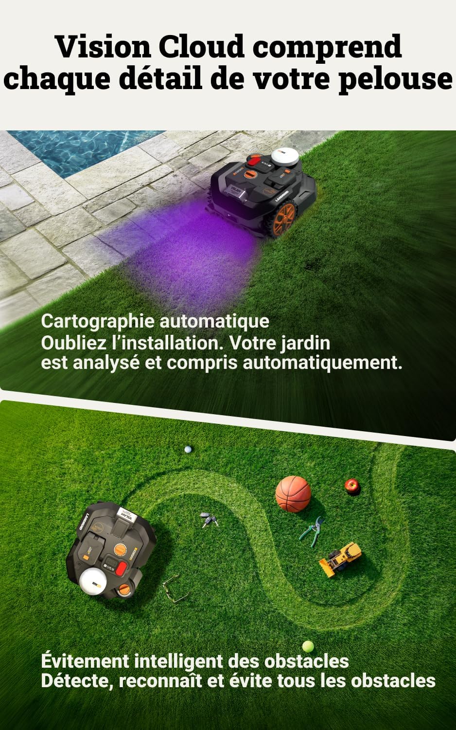 Vision Cloud 2WD Robot Tondeuse WR306E, sans Fil périphérique, jusqu'à 600 m² (évitement d'obstacles par IA, Navigation VSLAM + RTK Cloud, cartographie Auto, contrôle Via l'app, Cut-to-Zero) 600 m² 2WD - Robot tondeuse