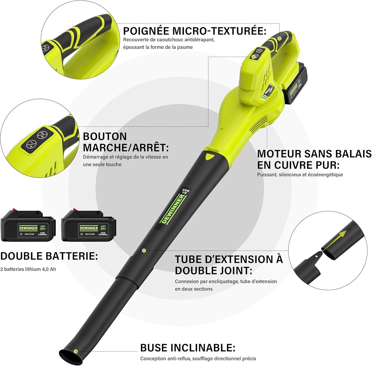 Souffleur de Feuilles sans Fil, 2 Batteries 4.0Ah, 210 km/h, 6 Vitesses Réglables, 2 Tubes Démontables, Kit Complet, Professionnel Jardin, Compatible avec Batteries Makita (Vert)