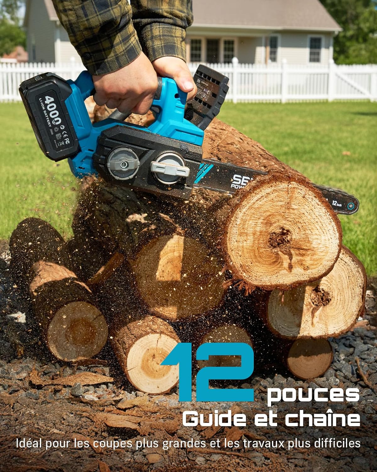 Tronconneuse a Batterie 12 Pouces, 1200W Tronçonneuse Électrique Sans Fil - 2x4Ah Batteries, Chargeur, Lubrification Auto, Tension Chaîne Sans Outil, Frein Chaîne, Coupe-Bois, Jardin et Arbres Bleu Royal