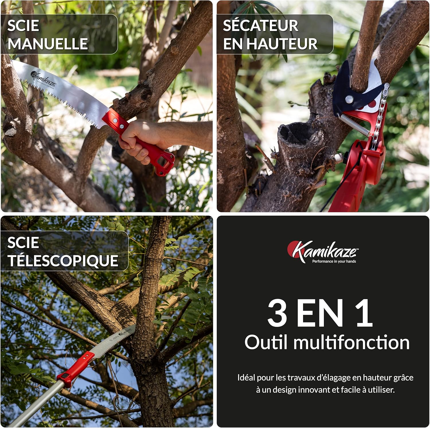 Kamikaze Kit d’Élagage en Hauteur 3 en 1 de 6m – Coupe-Branche Télescopique avec Sécateur Télescopique + Scie Télescopique, Tête Rotative, Attache Rapide, Compatible avec Outils Wolf (3 x 2 m) Telescopique 6 mètres