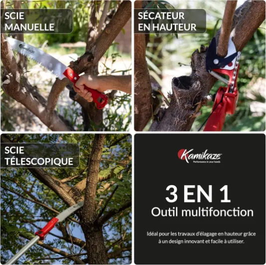 Kamikaze Kit d’Élagage en Hauteur 3 en 1 de 6m – Coupe-Branche Télescopique avec Sécateur Télescopique + Scie Télescopique, Tête Rotative, Attache Rapide, Compatible avec Outils Wolf (3 x 2 m) Telescopique 6 mètres