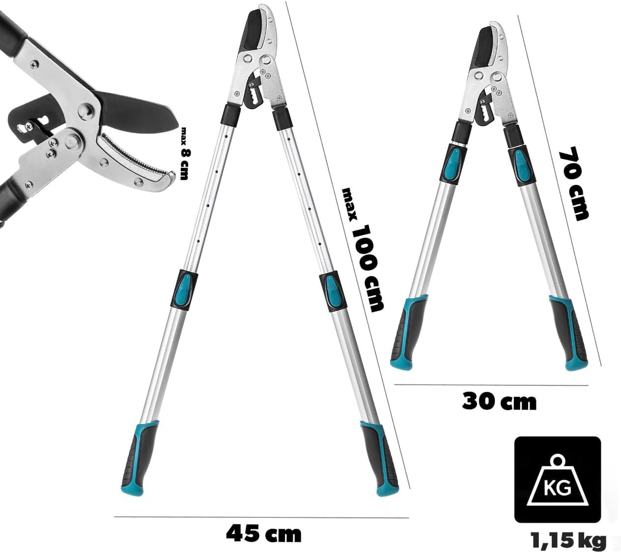 Amboss Sécateur télescopique de 70 à 100 cm pour branches épaisses jusqu'à 80 mm avec poignées antidérapantes et lame en acier tranchante pour une coupe précise des arbres