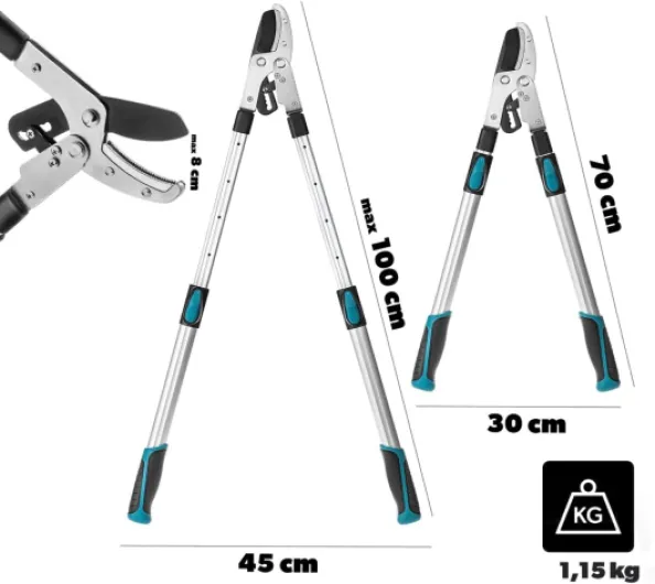 Amboss Sécateur télescopique de 70 à 100 cm pour branches épaisses jusqu'à 80 mm avec poignées antidérapantes et lame en acier tranchante pour une coupe précise des arbres