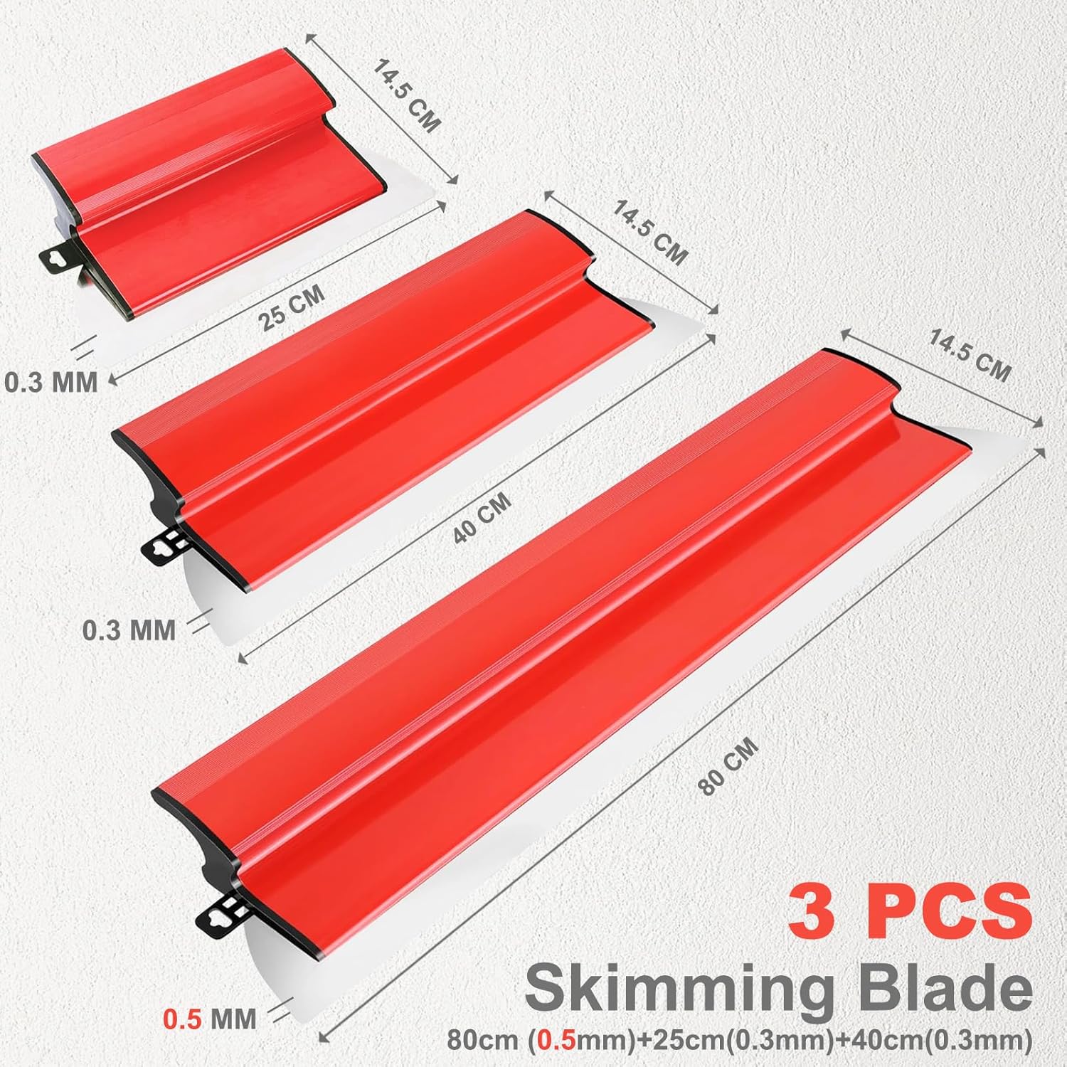 Ensemble Spatules Enduit Acier Inoxydable de 0,5 mm (80 cm), 0,3 mm (40 cm / 25 cm), Lisseuse Enduit Outil de Spatule Avec Manche Ergonomique en Z pour La Décoration Murale et la Construction, Robuste 80+40+25cm
