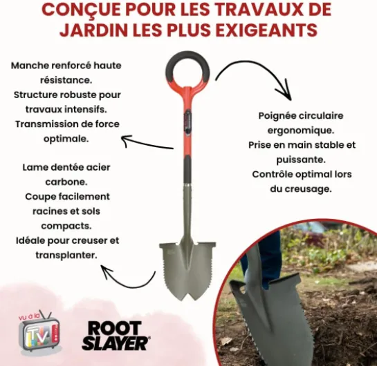 Pelle Ronde Rootslayer Dentée Acier Carbone Renforcé - Coupe Racines Épaisses Pénétration Sols Durs - Outil Jardinage Puissant Creusage Terre Compacte et Travaux Intensifs Jardin
