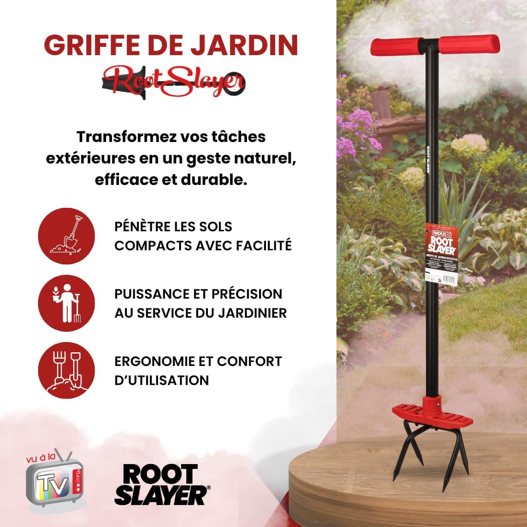 Arrache Racine RootSlayer - Griffe de Jardin Rotative - Tête en Acier Trempé - Aère, Ameublit et Travaille la Terre - Outil de Jardinage pour Potager, Massifs, Plantation et Entretien du Sol