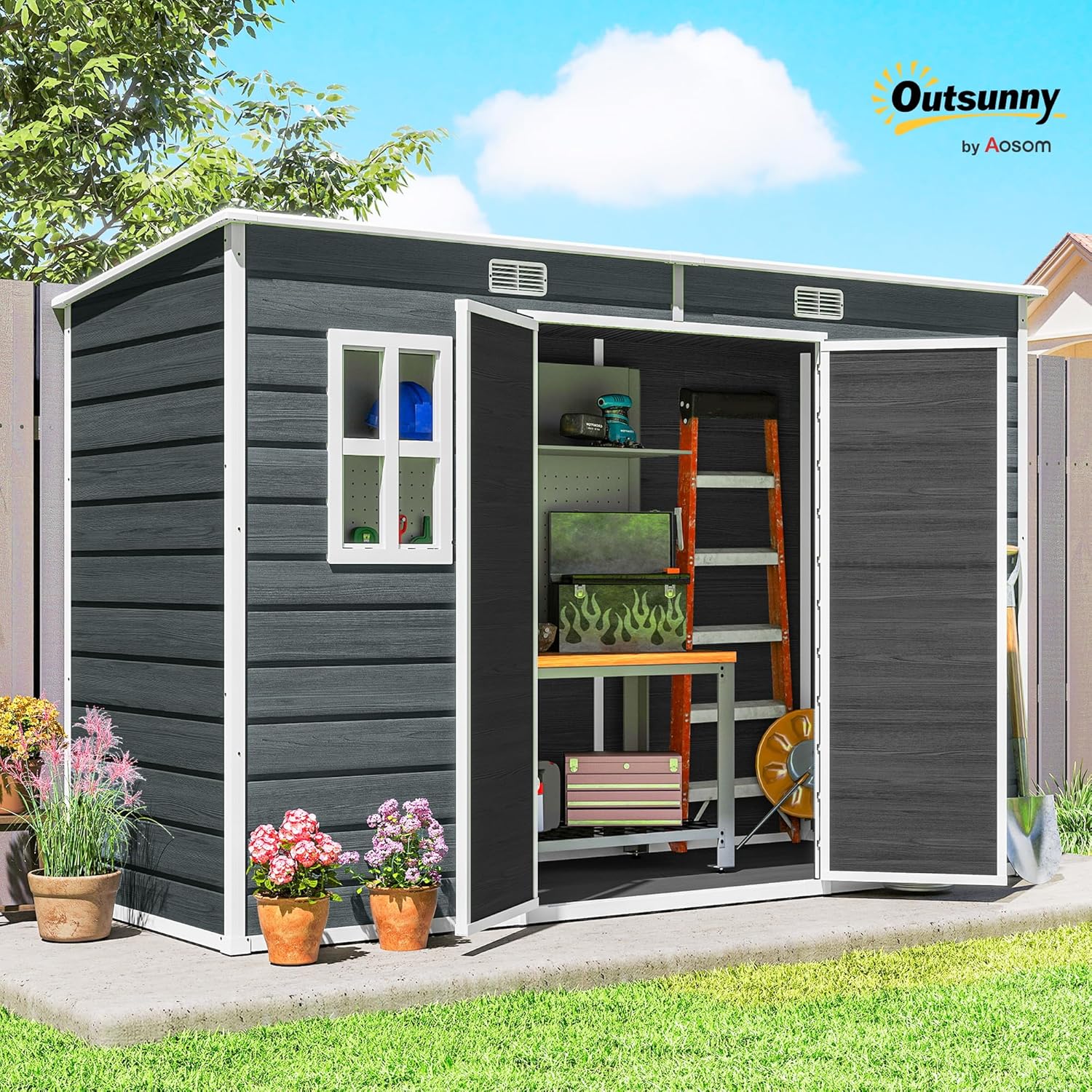 Abri de Jardin en Plastique 10 x 4 Pieds avec Plancher, Grandes fenêtres, Portes verrouillables et aérations, Remise pour Outils, vélos, générateur, Effet Bois Gris