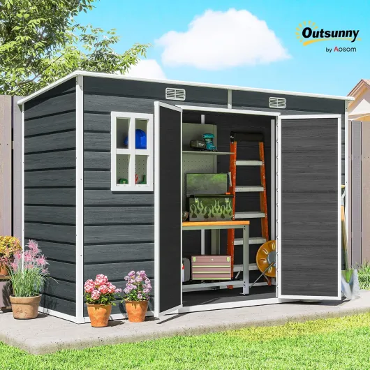 Abri de Jardin en Plastique 10 x 4 Pieds avec Plancher, Grandes fenêtres, Portes verrouillables et aérations, Remise pour Outils, vélos, générateur, Effet Bois Gris