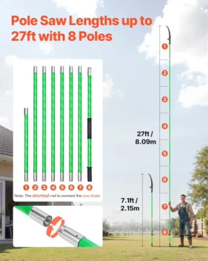 Scie à Élaguer Extensible, 2,15-8,09 m, Scie sur Perche Manuelle, Lame Acier 65Mn Tranchante, avec 8 Perches en Fibre de Verre, Outil d'Élagage pour Tailler Branches Hautes, Palmiers, Arbustes