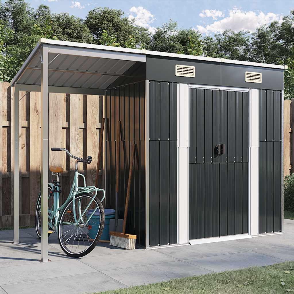 Abri de Jardin avec Toit Prolongé, Cabane à Outils avec Poignées, Remise à Outils, Abri de Rangement Terrasse, Anthracite 277x107x181 cm Acier