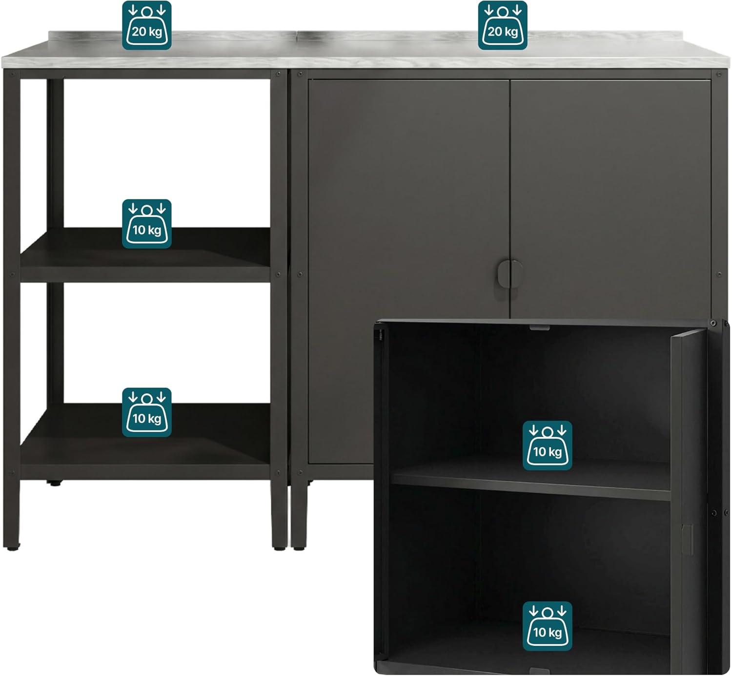 Casa.pro Set de Meubles de Jardin Étagère d'Extérieur et Armoire de Jardin Rangement pour Terrasse Balcon Garage Atelier Compartiments Ouverts et Fermés Acier Laqué Noir Mat et Argent
