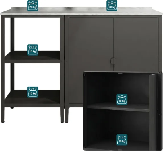 Casa.pro Set de Meubles de Jardin Étagère d'Extérieur et Armoire de Jardin Rangement pour Terrasse Balcon Garage Atelier Compartiments Ouverts et Fermés Acier Laqué Noir Mat et Argent
